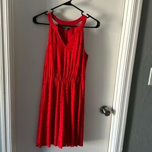 Sleeveless knee length red dress with embroidered pattern